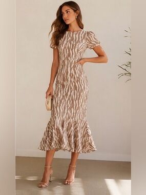 LE BOP Etta Dress Mocha Wild Zebra Print Midi Dress Romantic Mermaid Hem | M|